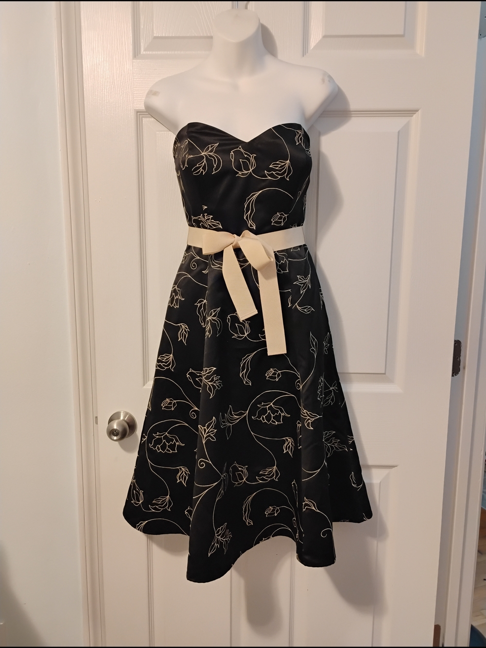 Strapless Black Satin Floral A-Line Dress with Tan Waist Tie